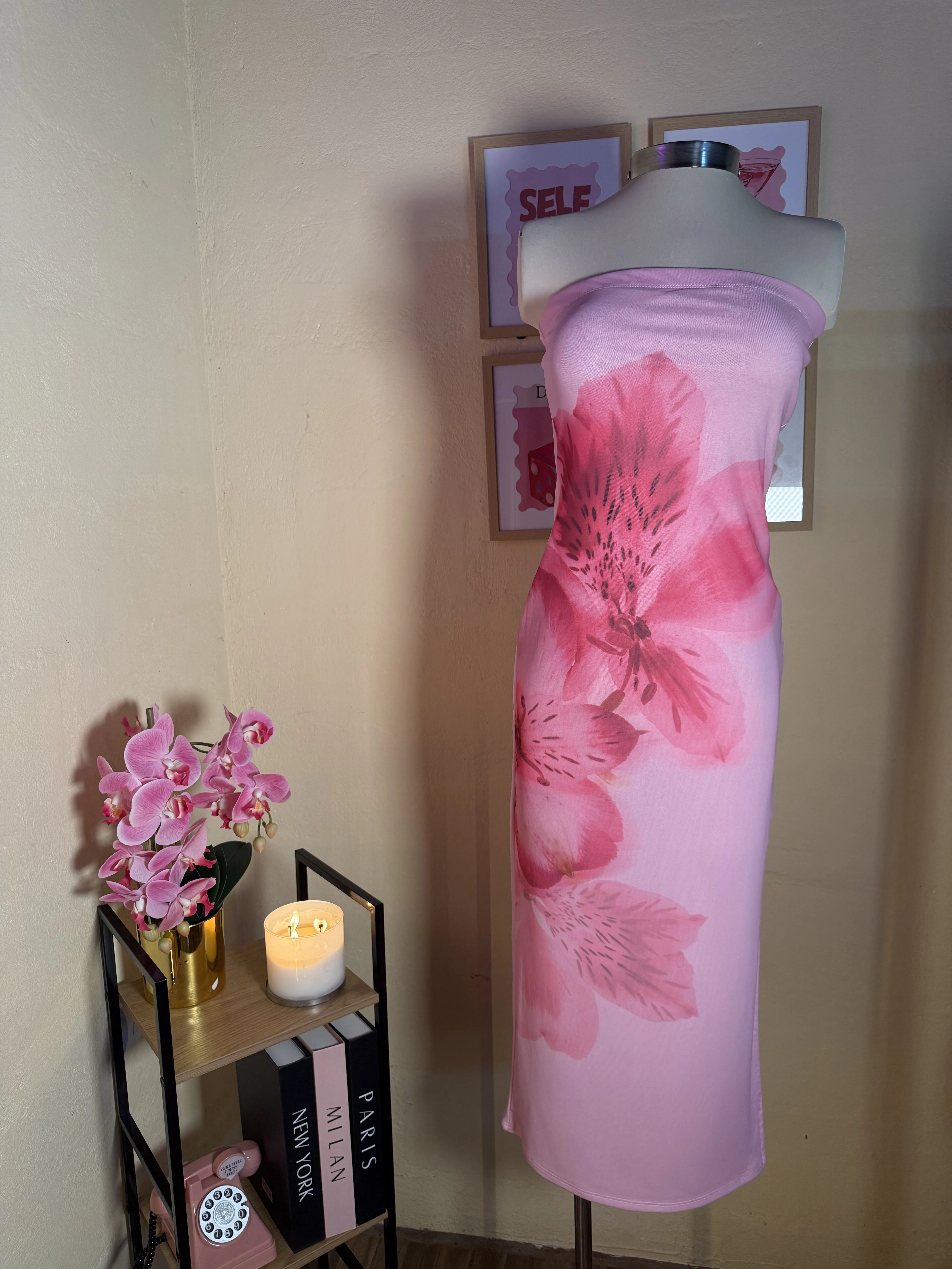 Maxi Dress Strapless Floral Blushing Orquid
